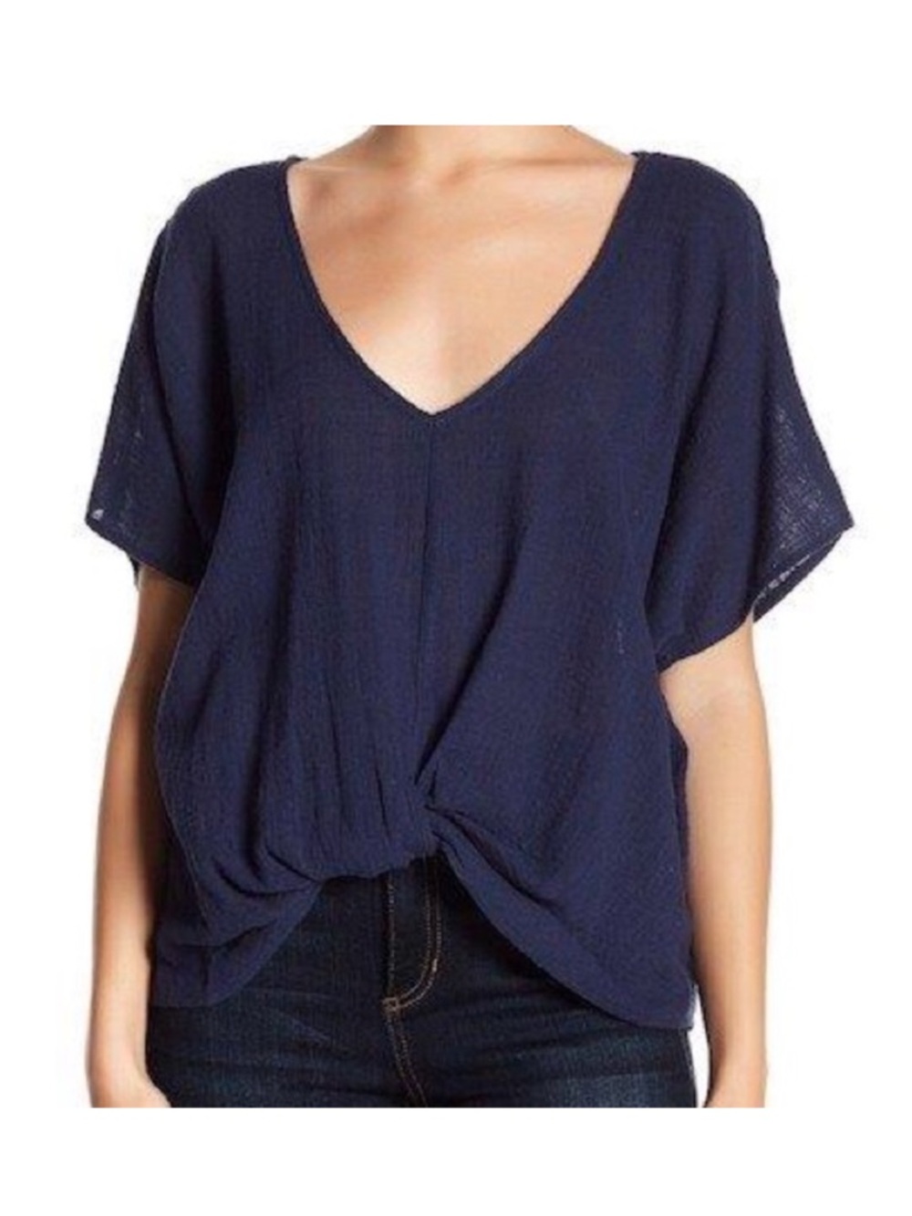 Hiatus Front Twist Woven Top Relaxed Fit V neck Blouse Cotton Lagenlook Navy - S